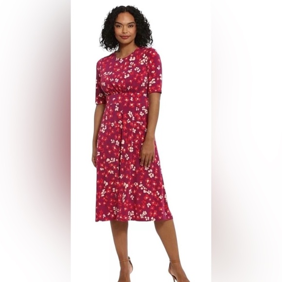 NWT London Times Women's Floral Printed Jersey A-line Midi Berry/Coral Sz 20W - Picture 2 of 7